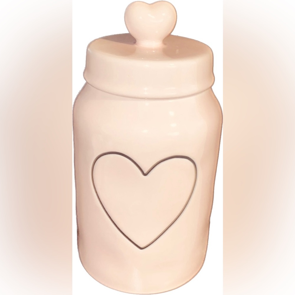 Rae dunn pink and black heart canister